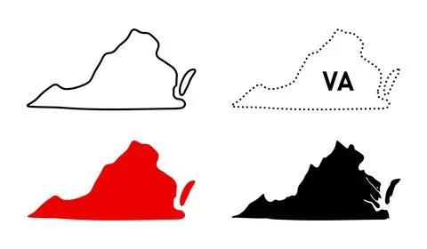 Virginia map icon set. State outline, solid fill, dotted VA label sign and .. Stock Illustration