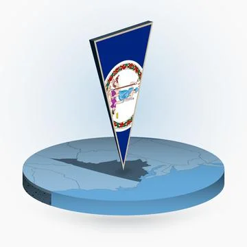 Virginia map in round isometric style with triangular 3D flag of US State V.. Stock Illustration