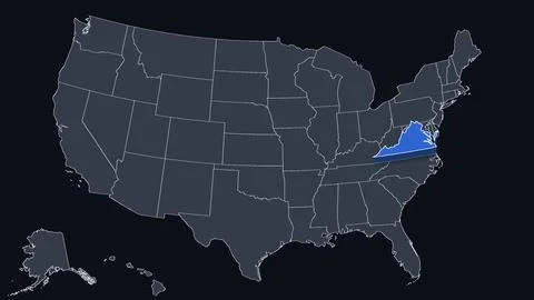 Virginia Raised in 3D on US Election Map Red and Blue Highlight, Black Stock Illustration