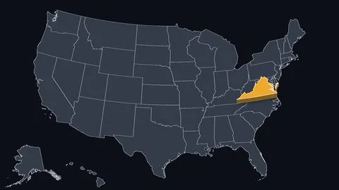 Virginia Raised in 3D on US Election Map Teal and Amber Highlight, Black Stock Illustration