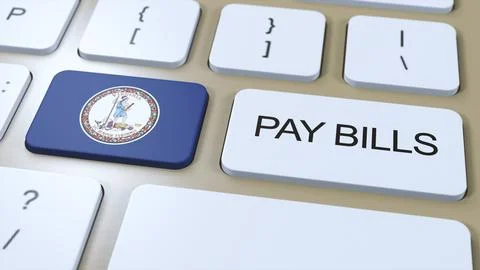 Virginia State Flag and Pay Bills Text on Button 3D Illustration Stock Illustration