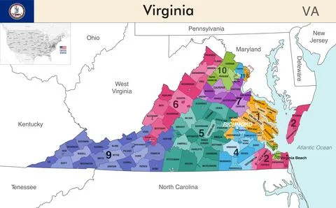 Virginia state map with counties borders and congressional districts Stock Illustration