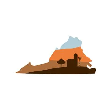 Virginia State Shape with Farm at Sunset that has Windmill, Barn, and a Tree Stock Illustration
