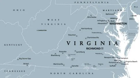 Virginia, VA, gray political map, Old Dominion, Mother of Presidents Stock Illustration
