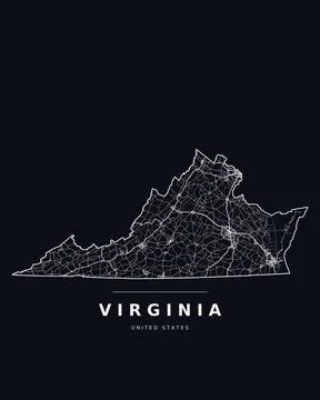 Virginia VA Map Counties Highways Roads Dark Mode Editable Vector Stock Illustration