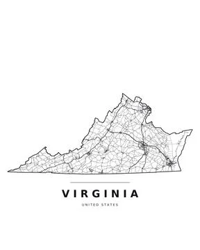 Virginia VA Map Counties Highways Roads Black White Editable Vector Stock Illustration