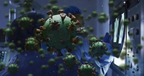 Virions drifting across frame driving two docs leaning in pointing diagnosing Stock Footage 323456126