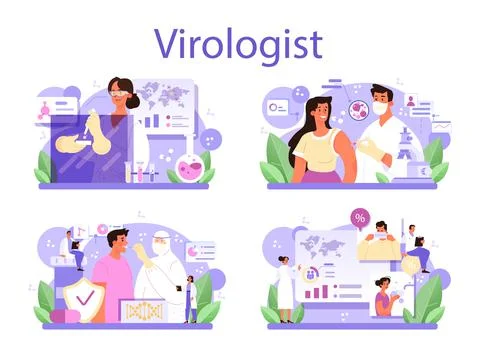 Virologist concept set. Scientist studies viruses and bacteria in a laboratory 스톡 일러스트