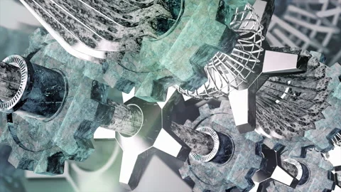 Virtual 3d engine. Motion. Moving 3d mechanism with gears and pipes. Working Stock Footage 205089264