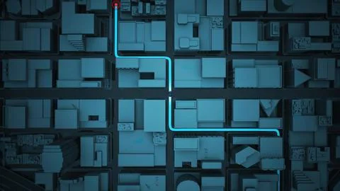 Virtual 3D GPS Map HUD Display of Driverless Car Navigating City Streets Illustration
