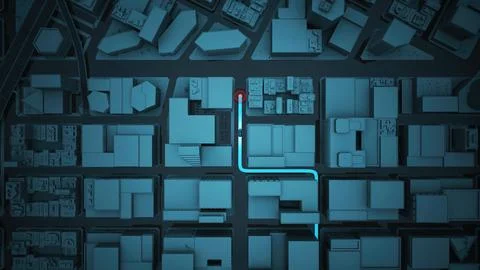 Virtual 3D GPS Map HUD Display of Driverless Car Navigating City Streets Illustration