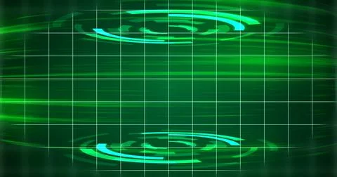 Virtual 3d hud moving background. Circular interface on top and bottom glow.. Stock Illustration