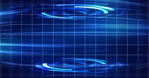 Virtual 3d hud moving background. Circular interface on top and bottom glow.. Stock Illustration