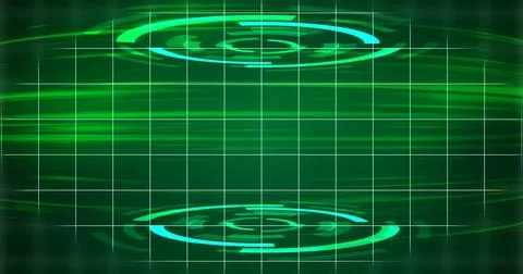 Virtual 3d hud moving background. Circular interface on top and bottom glow.. Stock Illustration