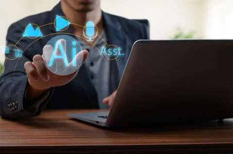 Virtual AI Assistant Concept with Digital Interface on Laptop Screen Stock Photos
