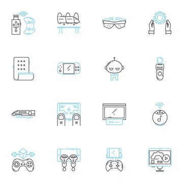 Virtual analytics linear icons set. Analysis, Metrics, Data, Visualization Stock Illustration