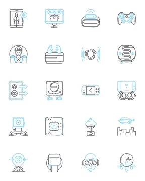 Virtual analytics linear icons set. Analysis, Metrics, Data, Visualization Illustrazione stock