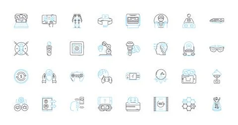 Virtual analytics linear icons set. Analysis, Metrics, Data, Visualization Stock Illustration