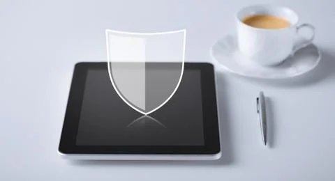 Virtual antivirus program icon over tablet pc Stock Photos
