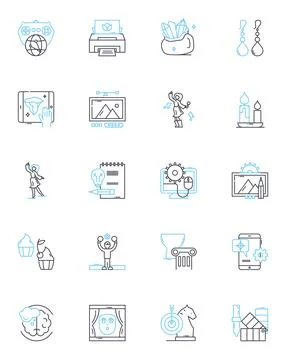 Virtual art linear icons set. Digital, Virtual, Multimedia, Augmented, Cyber, D Stock Illustration