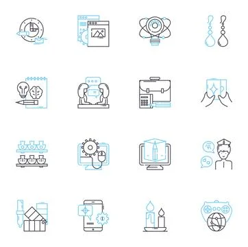 Virtual art linear icons set. Digital, Virtual, Multimedia, Augmented, Cyber, D Stock Illustration