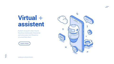 Virtual assistant AI robot smartphone application isometric monochrome web ba Stock Illustration