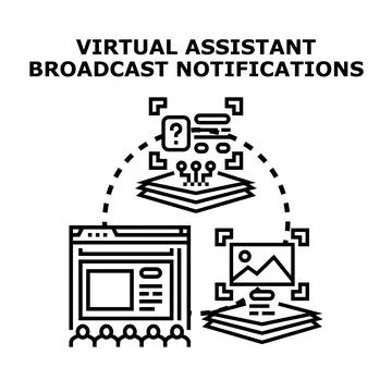 Virtual assistant broadcasting notifications to online audience Stock Illustration