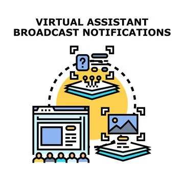 Virtual assistant broadcasting notifications to online audience Stock Illustration
