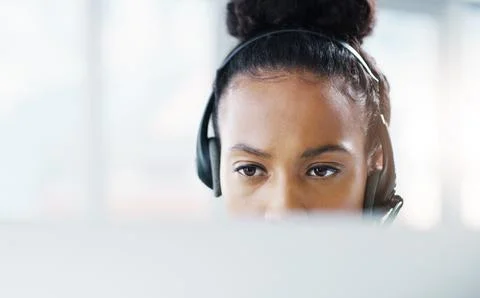 Virtual assistant, computer or woman in call center for customer service, tech Foto stock