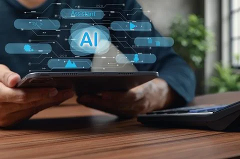 Virtual Assistant Concept with Digital AI Technology on Screen Foto stock