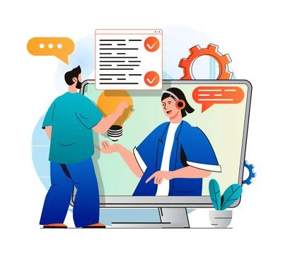 Virtual assistant concept in modern flat design. Man contacted support service Ilustración de archivo