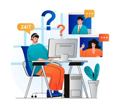 Virtual assistant concept in modern flat design. Man operator with headphones Ilustração Stock