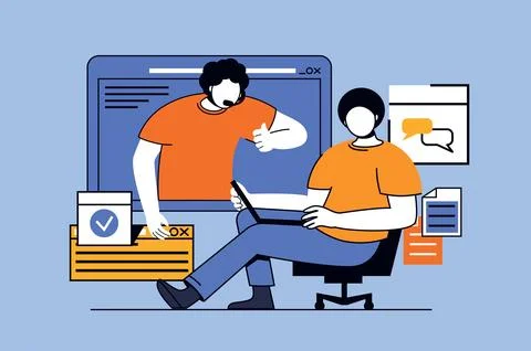 Virtual assistant concept with people scene in flat design for web. Man calli Ilustração Stock