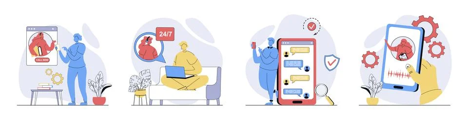 Virtual assistant concept set in flat design for web. Collection with peopl.. Ilustración de archivo