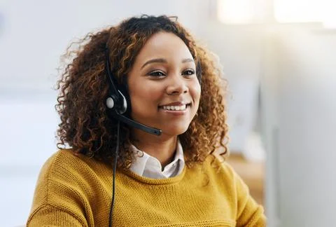 Virtual assistant, crm or friendly woman in call center consulting, speaking or Fotos de archivo