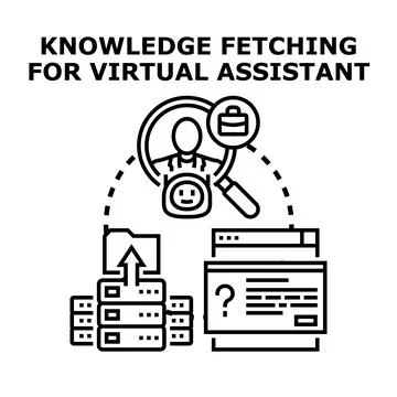 Virtual assistant fetching knowledge concept with data servers Stock Illustration