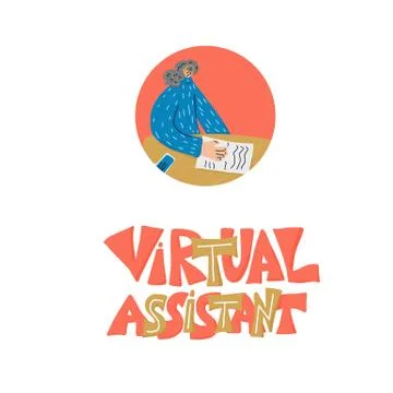 Virtual assistant icon with text isolated. Cute girl assistant avatar with he Ilustração Stock