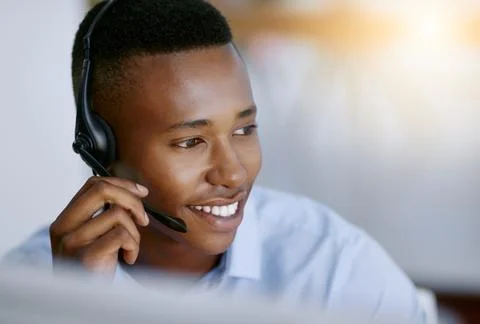 Virtual assistant, mic or happy black man in call center consulting or talking Fotos de archivo