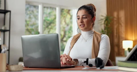 Virtual assistant, online meeting and woman with laptop in home office, remote Stock Footage 337500482