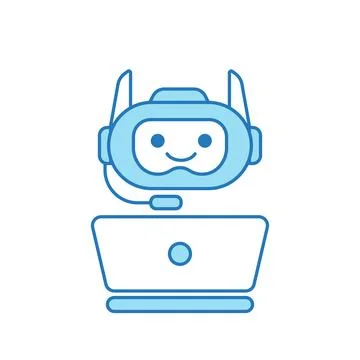 Virtual Assistant or Chat Bot Icon with Laptop and Headset Symbol Stock Illustration
