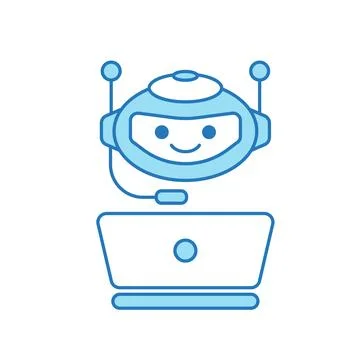 Virtual Assistant or Chat Bot Icon with Laptop and Headset Symbol Stock Illustration