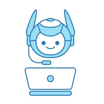 Virtual Assistant or Chat Bot Icon with Laptop and Headset Symbol Stock Illustration