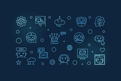 Virtual Assistant or ChatBot Technology blue outline horizontal banner. Cha.. Ilustración de archivo