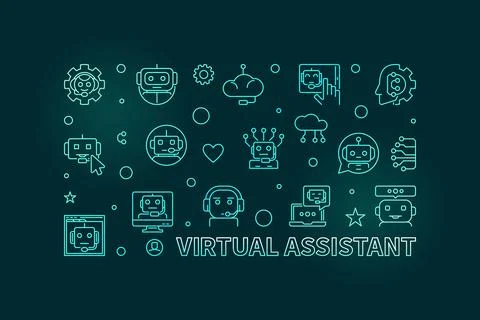 Virtual Assistant outline horizontal colorful banner - Online Chat and Chat.. Ilustração Stock