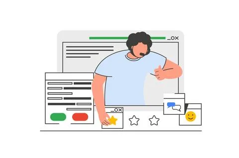 Virtual assistant outline web concept with character scene. Man replying to.. Stock Illustration