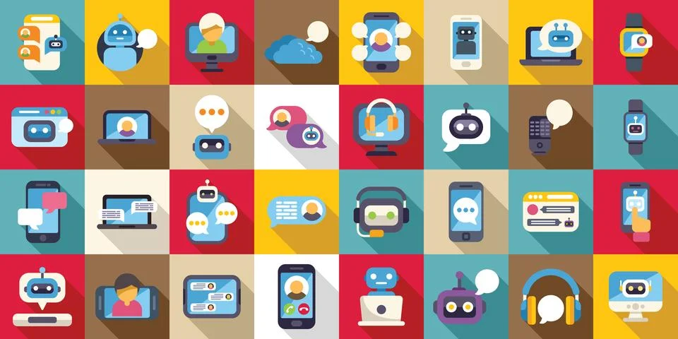 Virtual assistant services icons set. Chatbot icons set communicating with Ilustração Stock