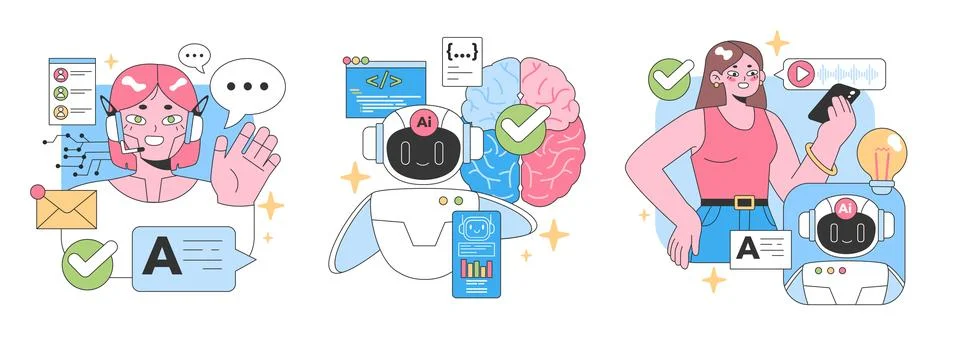 Virtual Assistant set. Flat vector illustration. Ilustración de archivo