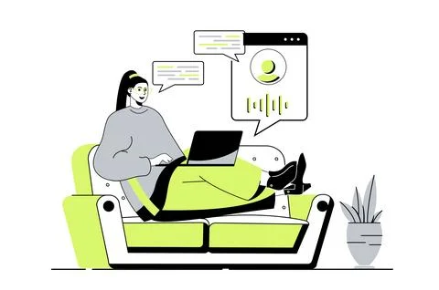 Virtual assistant web concept with flat cartoon people for website design. Wo Ilustração Stock