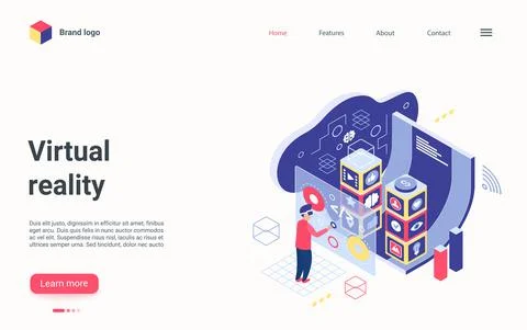 Virtual augmented reality isometric landing page, man touching futuristic vr Illustrazione stock