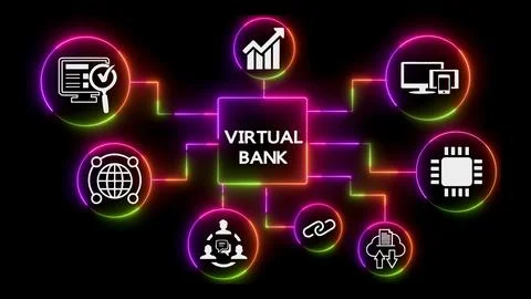 Virtual bank with interconnected icons Illustrazione stock